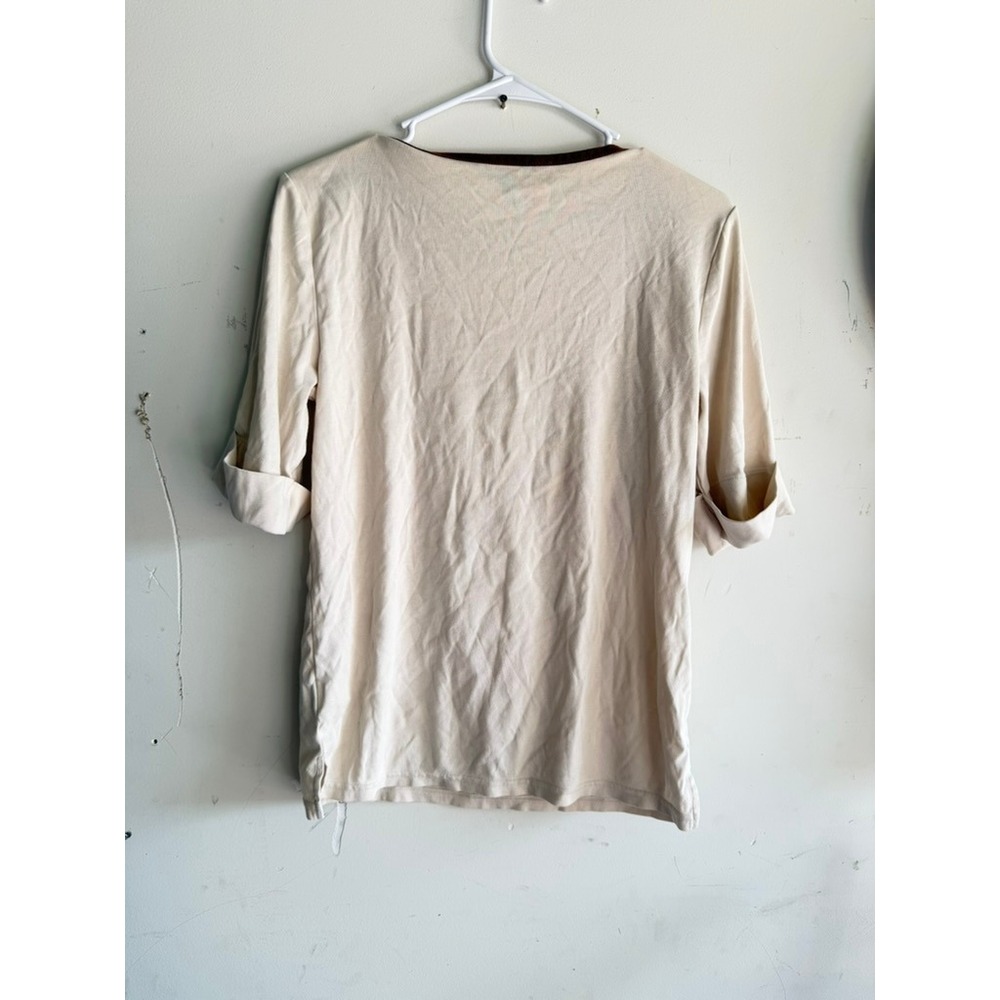 Lauren Ralph Lauren Cream Blouse Brown Trim Boat Neck 3/4 Sleeve Top Womens L - Picture 4 of 4